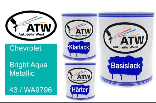 Chevrolet, Bright Aqua Metallic, 43 / WA9796: 1L Lackdose + 1L Klarlack + 500ml Härter - Set, von ATW Autoteile West.